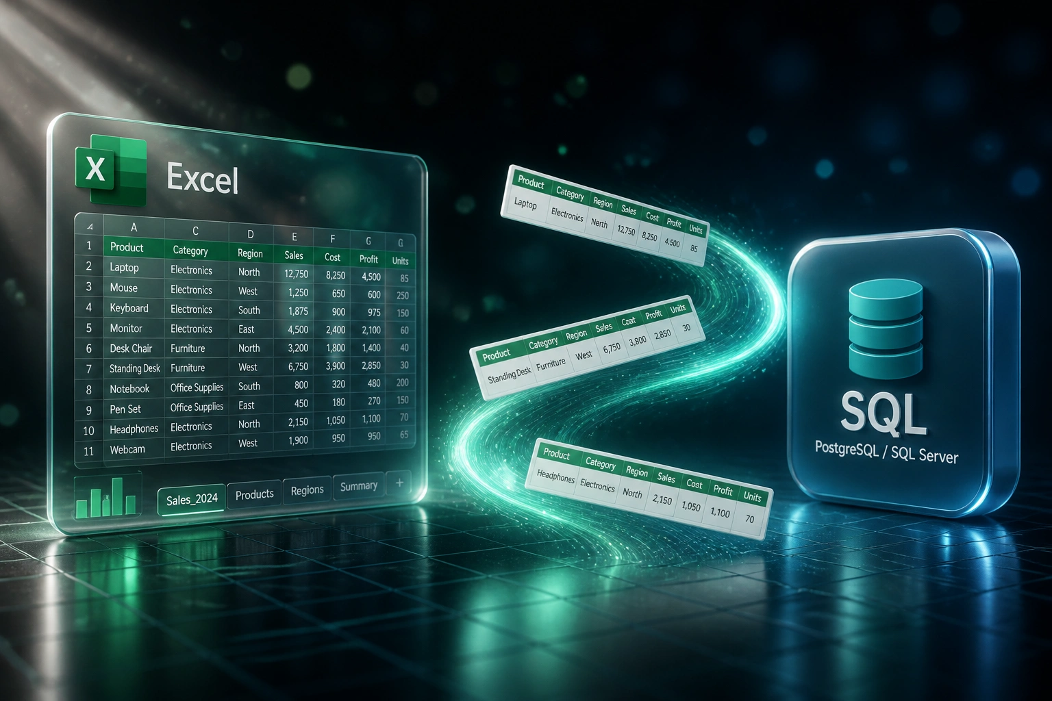 A glass Excel spreadsheet panel and a glowing SQL database badge connected by a flowing ribbon of spreadsheet rows, illustrating a scheduled excel to database ETL pipeline