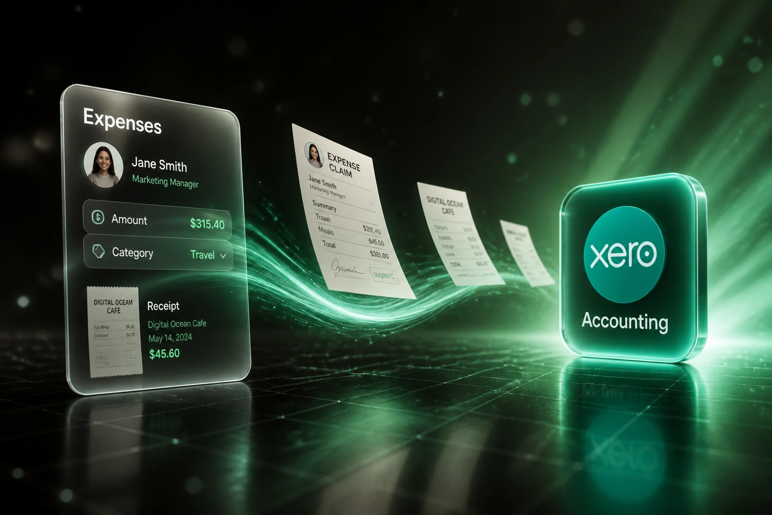 An Expenses glass panel and a Xero Accounting badge linked by a mint-green ribbon of receipt and claim documents in flight