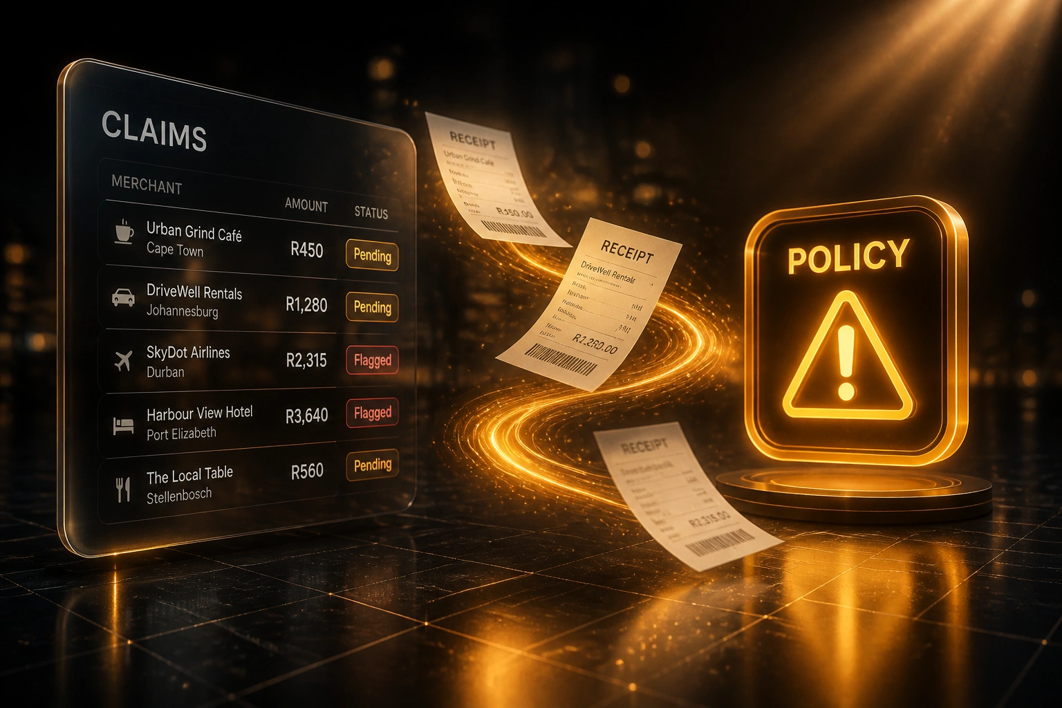 A CLAIMS glass panel of receipt rows connected by an amber light ribbon of claim documents to a glossy POLICY warning badge, illustrating automated expense policy enforcement