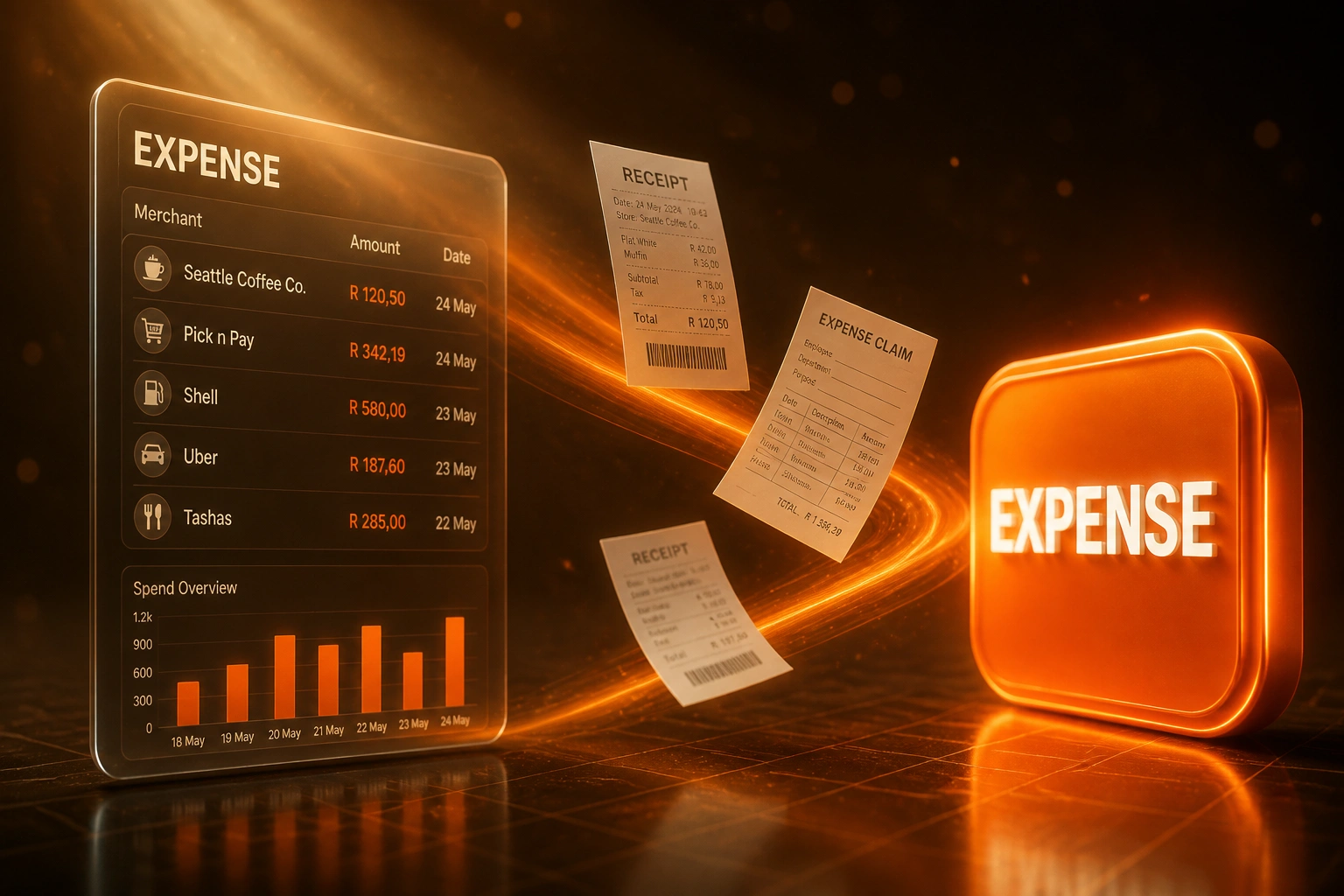 An EXPENSE glass panel and a glossy orange EXPENSE badge linked by a receipt-orange ribbon of expense documents in flight