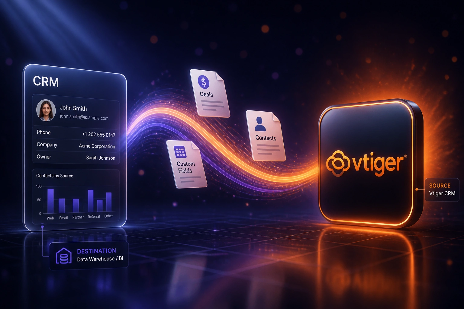 Glass CRM panel and Vtiger logo badge linked by an S-curved ribbon carrying Contacts, Deals, and Custom Fields documents toward a warehouse destination