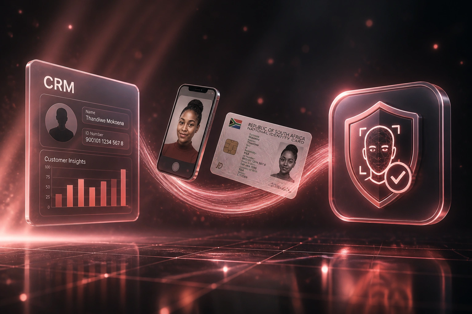A glass CRM panel and a coral face-match shield connected by a selfie and South African ID card on a ribbon of light