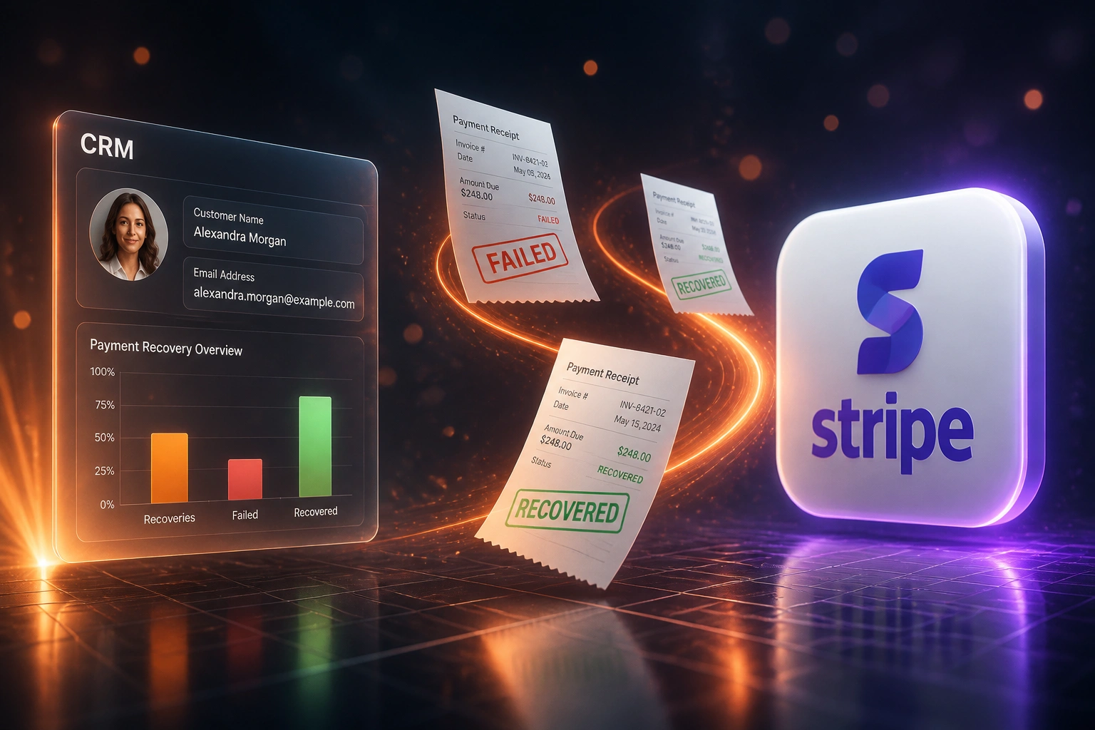 A CRM panel and Stripe badge linked by an orange ribbon of failed then recovered payment receipts, illustrating smart payment retry logic