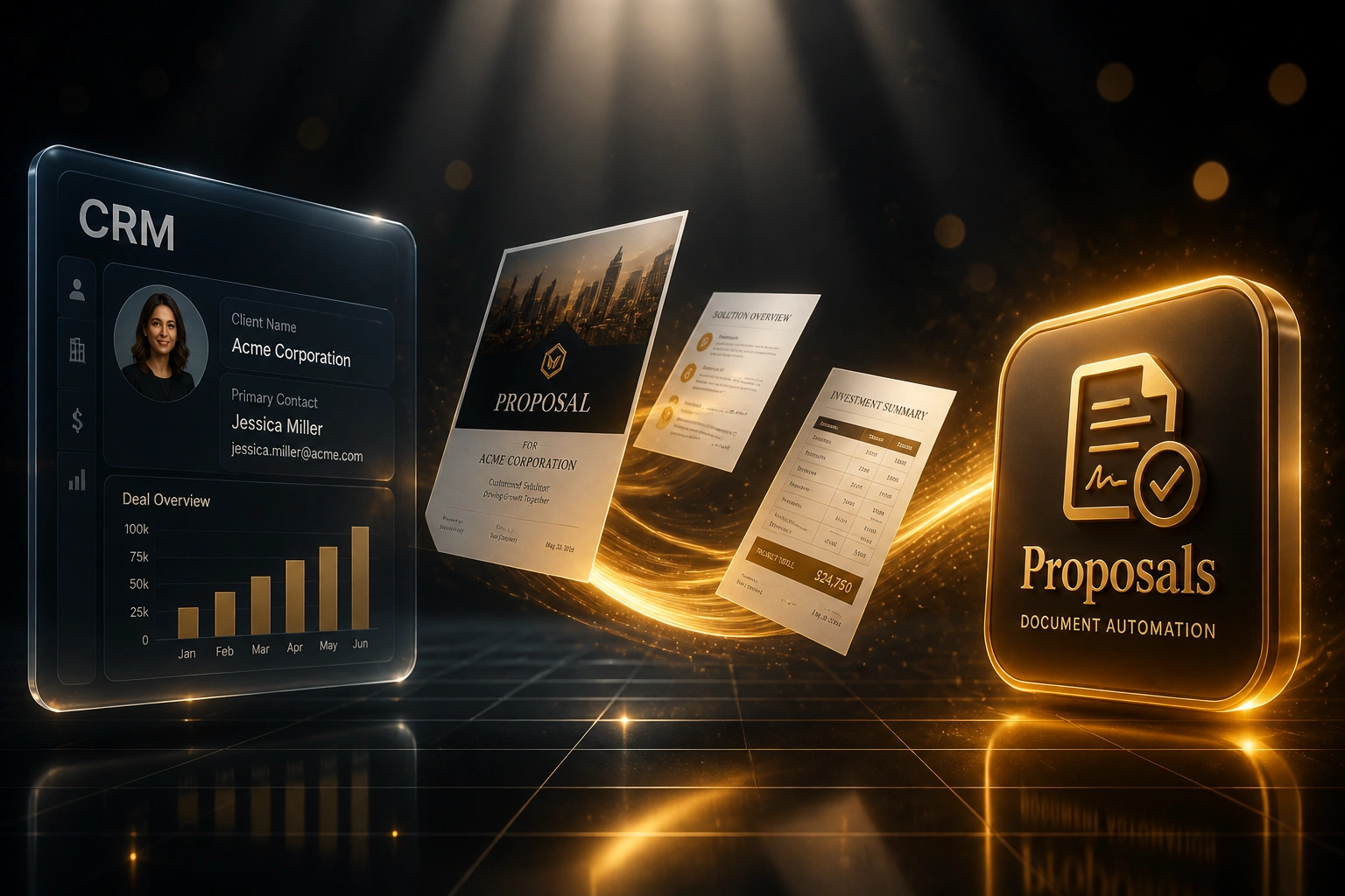 A glass CRM panel and a gold Proposals document-automation badge linked by proposal documents on a gold light ribbon, illustrating faster proposal creation