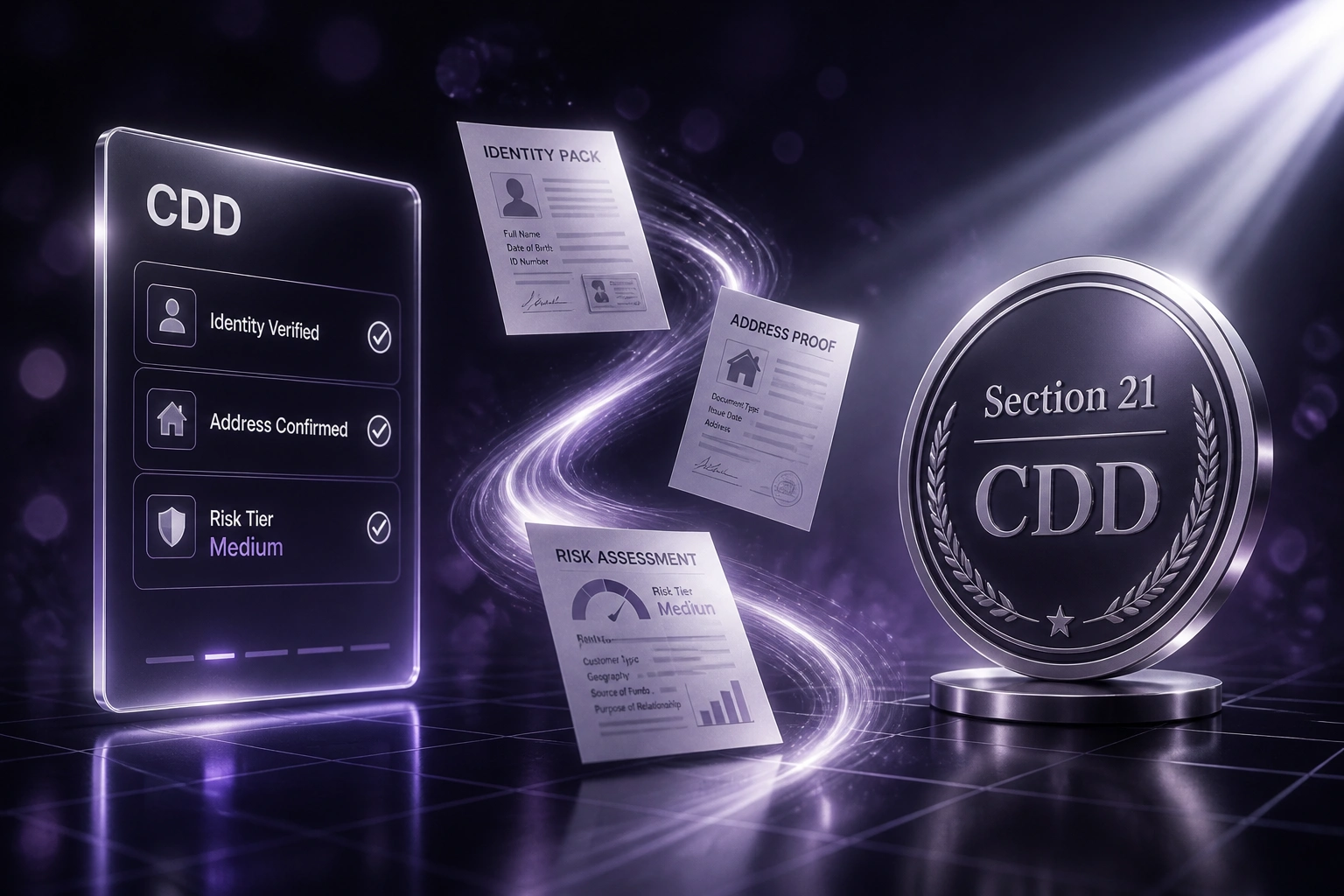 A glass CDD checklist panel and a Section 21 compliance seal connected by a ribbon of identity, address, and risk evidence documents
