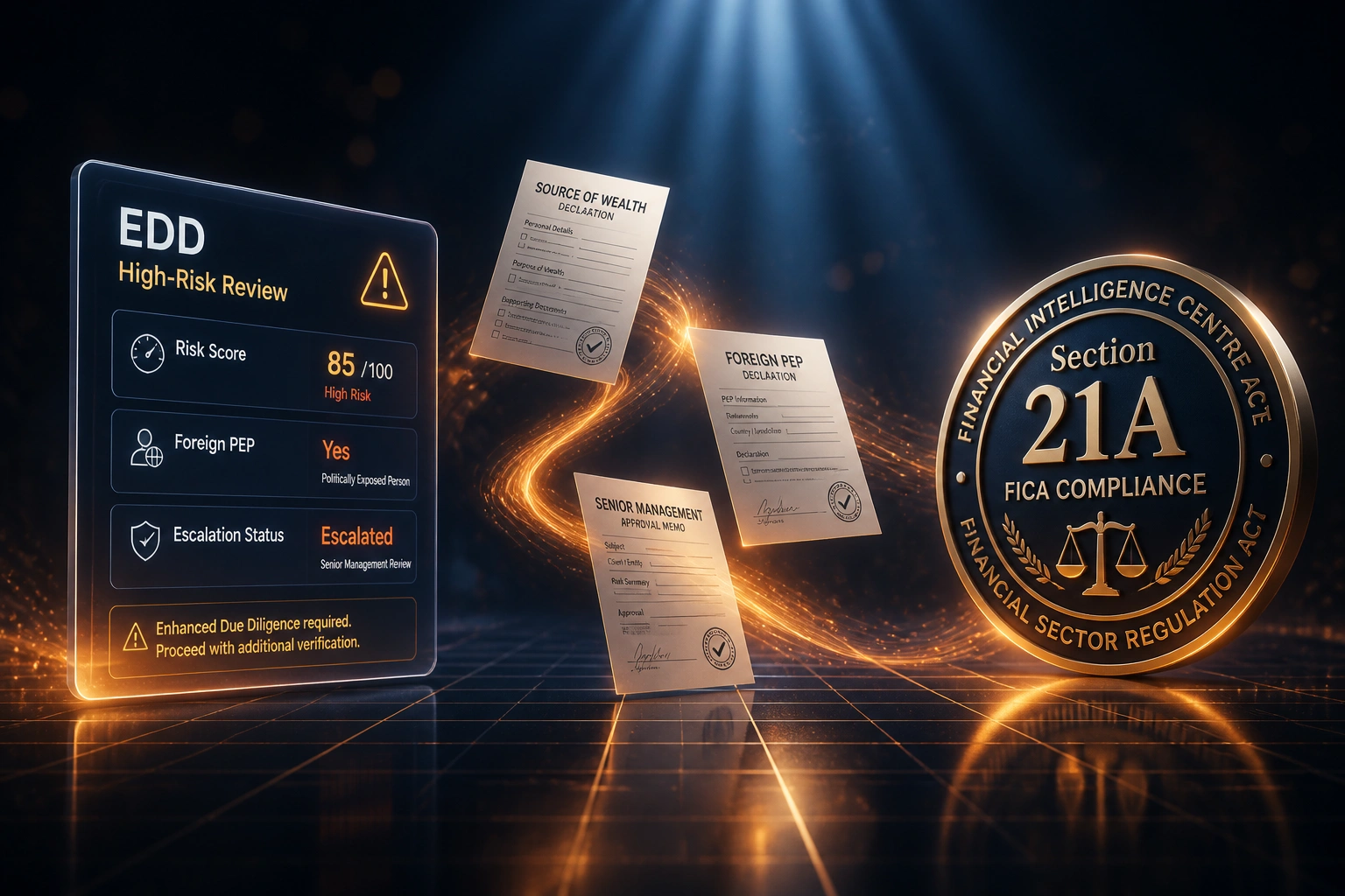 A glass EDD high-risk review panel and a Section 21A FICA compliance seal connected by a ribbon of source-of-wealth, foreign PEP, and approval documents