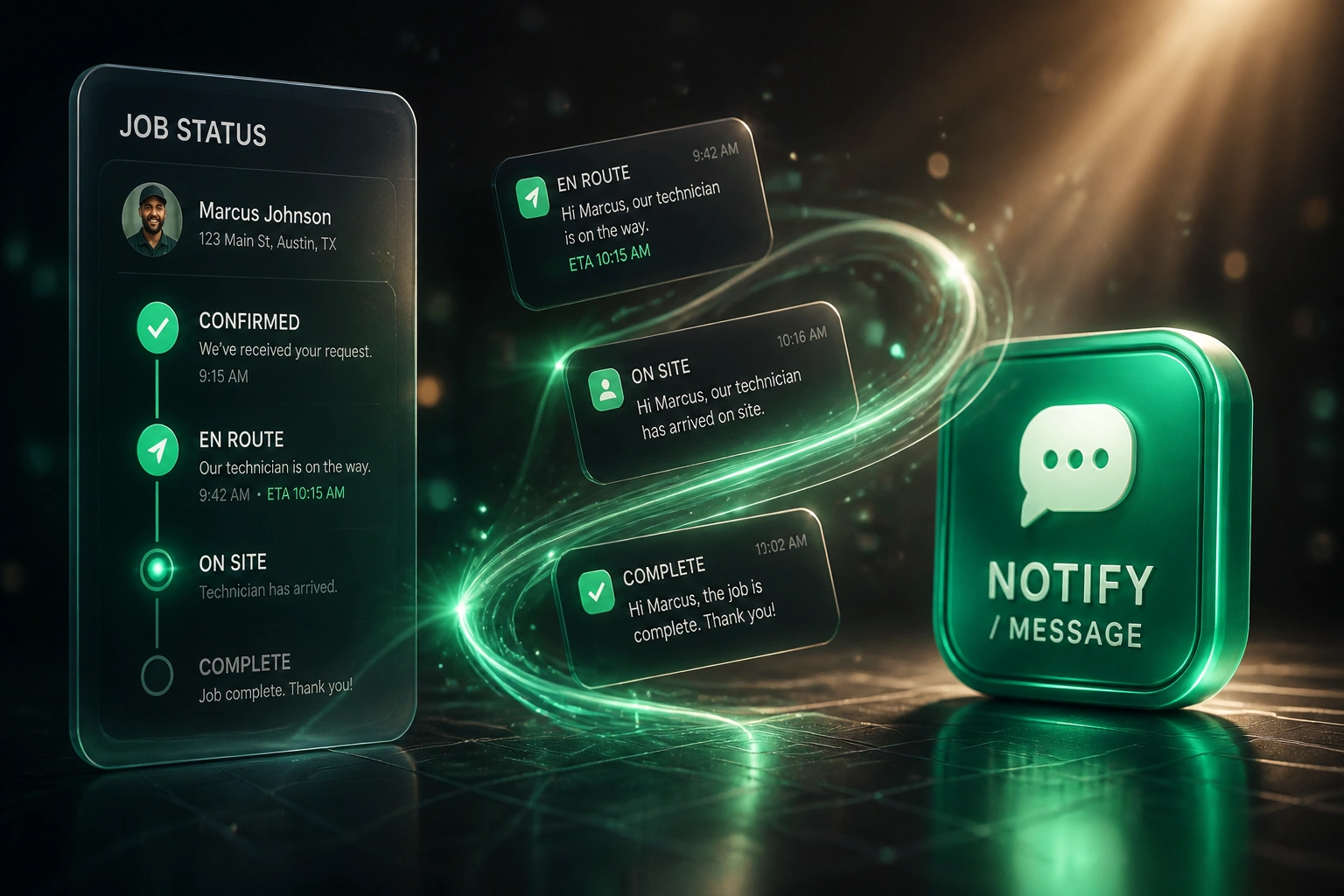 A glass JOB STATUS panel and an emerald NOTIFY badge linked by flying en-route and completion message cards, illustrating automated field service customer notifications