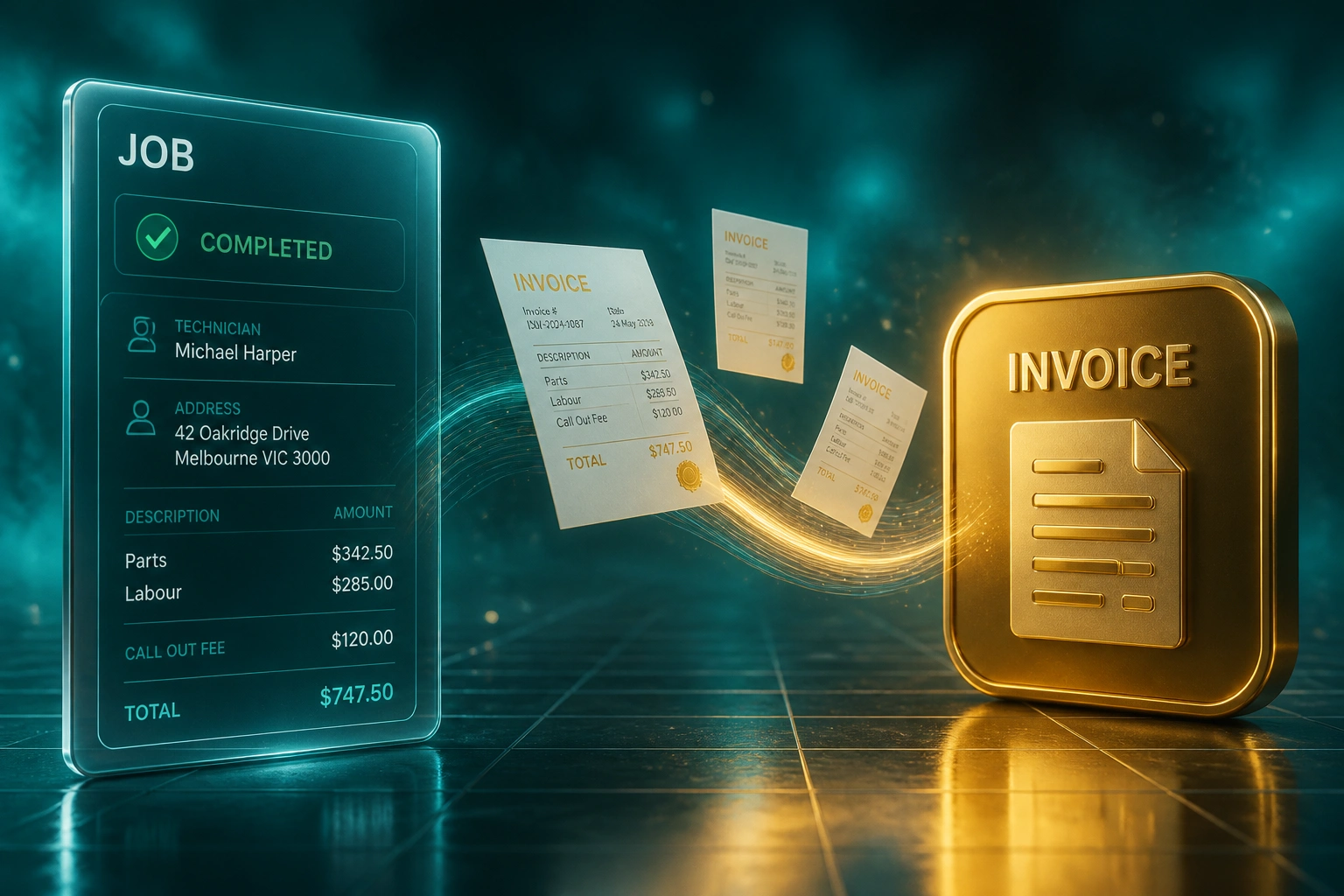A completed field-service job panel connected by a ribbon of invoice documents to a gold invoice badge, illustrating mobile invoicing on job completion