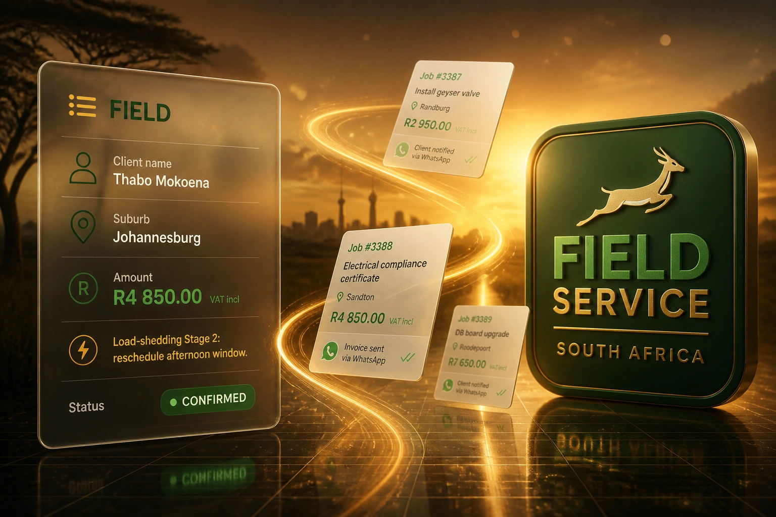 A glass FIELD job panel with ZAR and load-shedding notes connected by an ochre ribbon of job cards to a springbok-green South Africa field service badge on a warm savannah dusk floor grid
