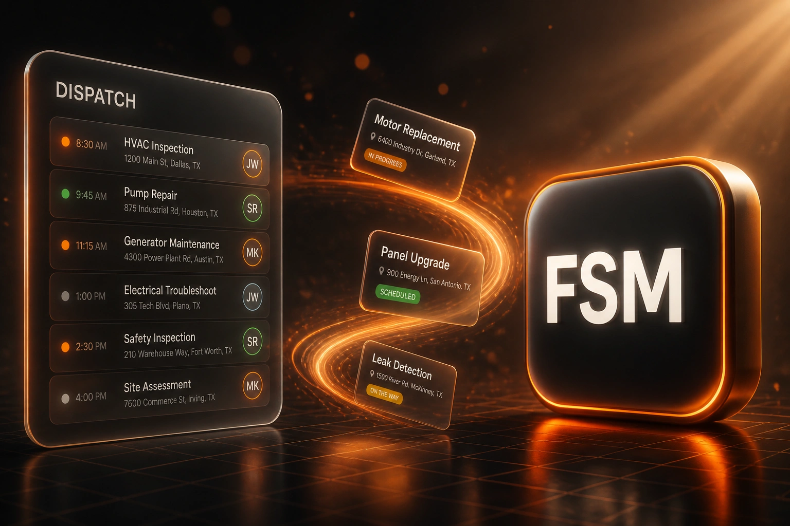 A glass DISPATCH job-queue panel and a glossy FSM badge connected by a safety-orange ribbon of mid-flight job cards on a warm charcoal dusk floor grid