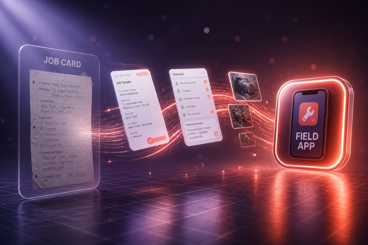 A glass JOB CARD panel and a glossy FIELD APP badge linked by a coral ribbon of digital job forms and photos