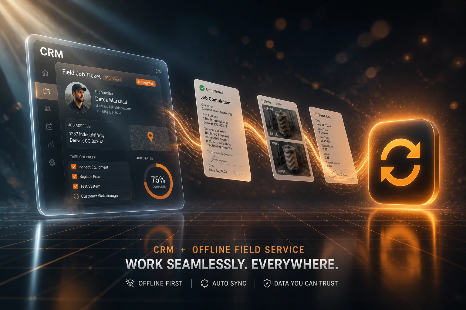 A glass CRM job ticket panel and a glossy offline sync badge linked by an amber ribbon of job forms, before-after photos, and time logs