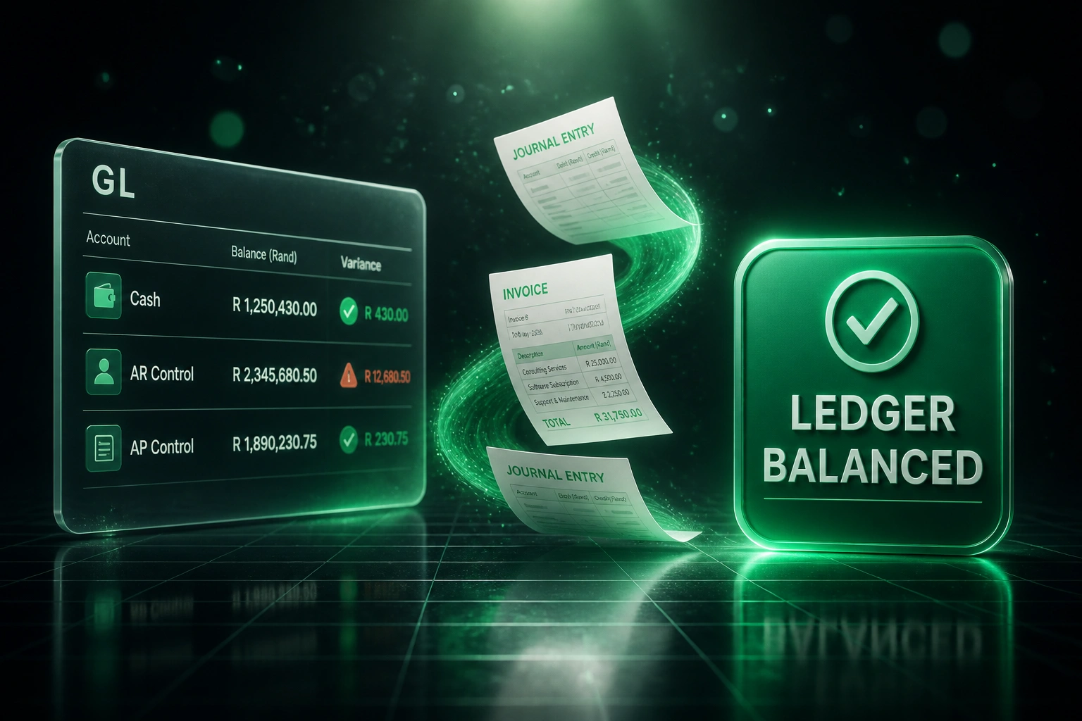 A glass GL panel with account rows and variances flows along an emerald ribbon of journal documents into a LEDGER BALANCED badge on a deep charcoal reflective floor