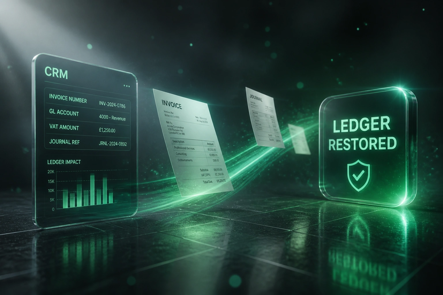 A glass CRM ledger panel connected by floating invoices and journals to a glossy LEDGER RESTORED badge on a slate grey scene with emerald green left-side light