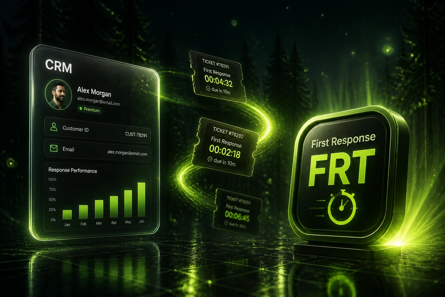 A glass CRM panel and a bright lime First Response FRT badge connected by a ribbon of light carrying support ticket timer cards