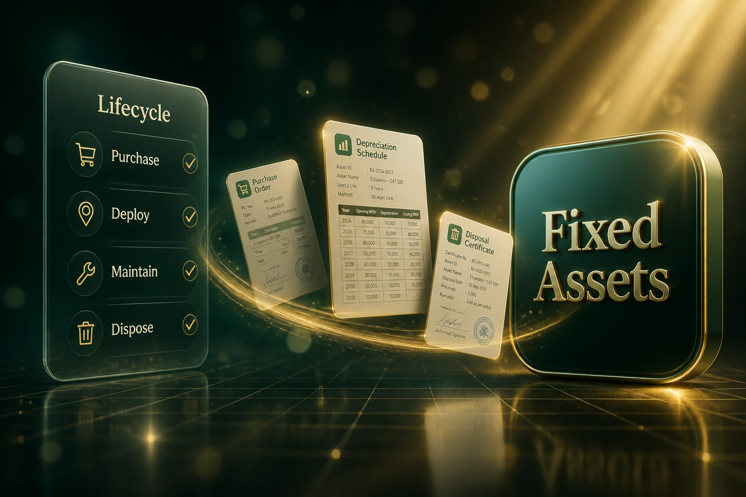 A Lifecycle glass panel showing Purchase, Deploy, Maintain, and Dispose stages connected by a gold ribbon of asset documents to a Fixed Assets badge