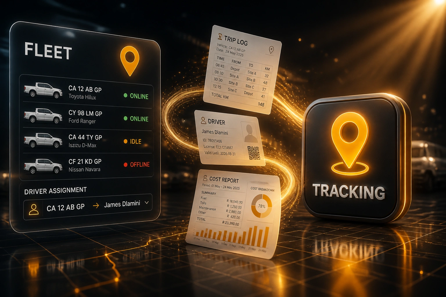 A glass FLEET panel with vehicle and driver rows connected by a ribbon of trip logs and cost reports to a glowing TRACKING badge on midnight asphalt
