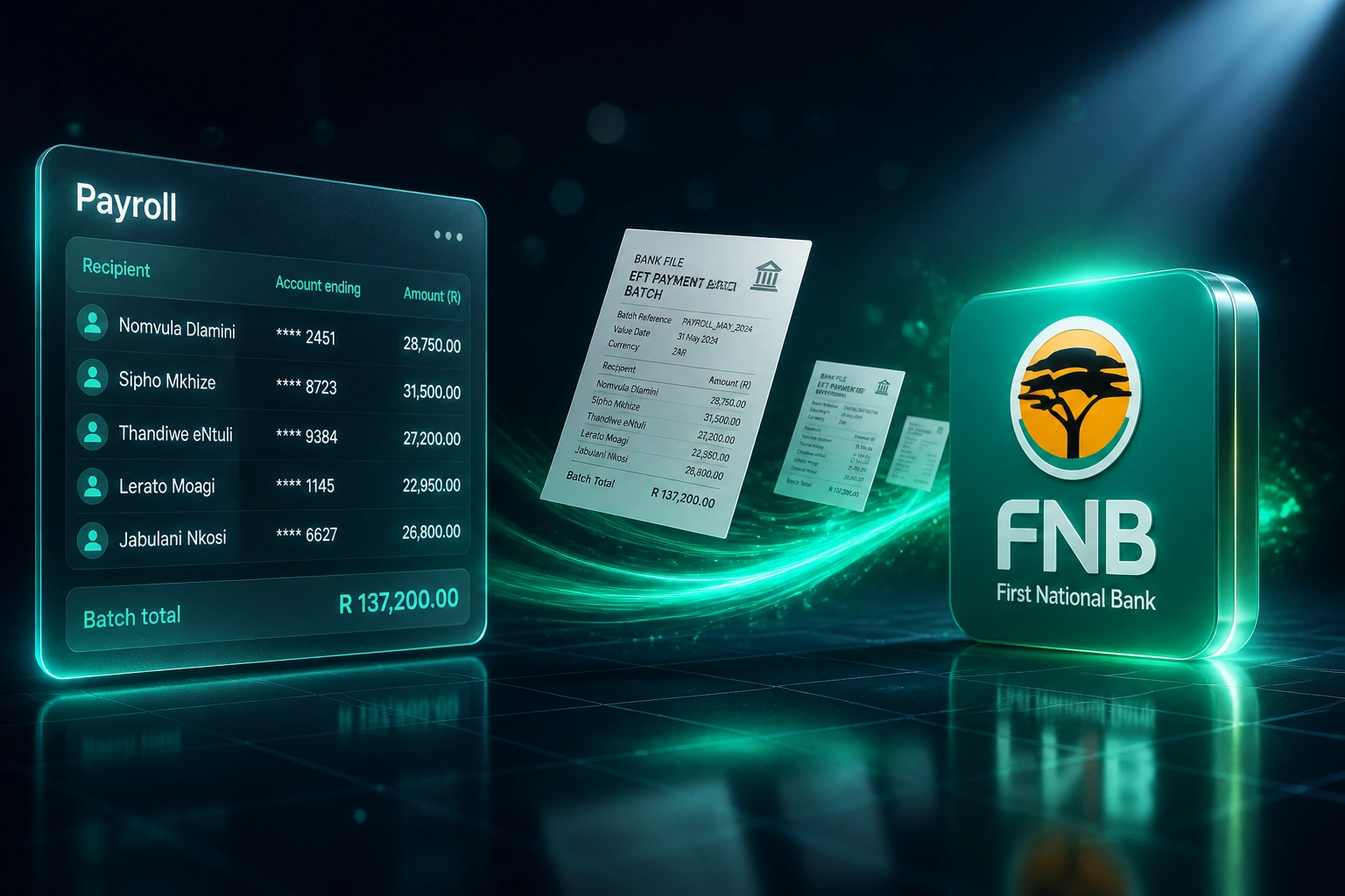 A Payroll glass panel and the FNB logo linked by a teal ribbon of bank-file documents across a deep navy night scene