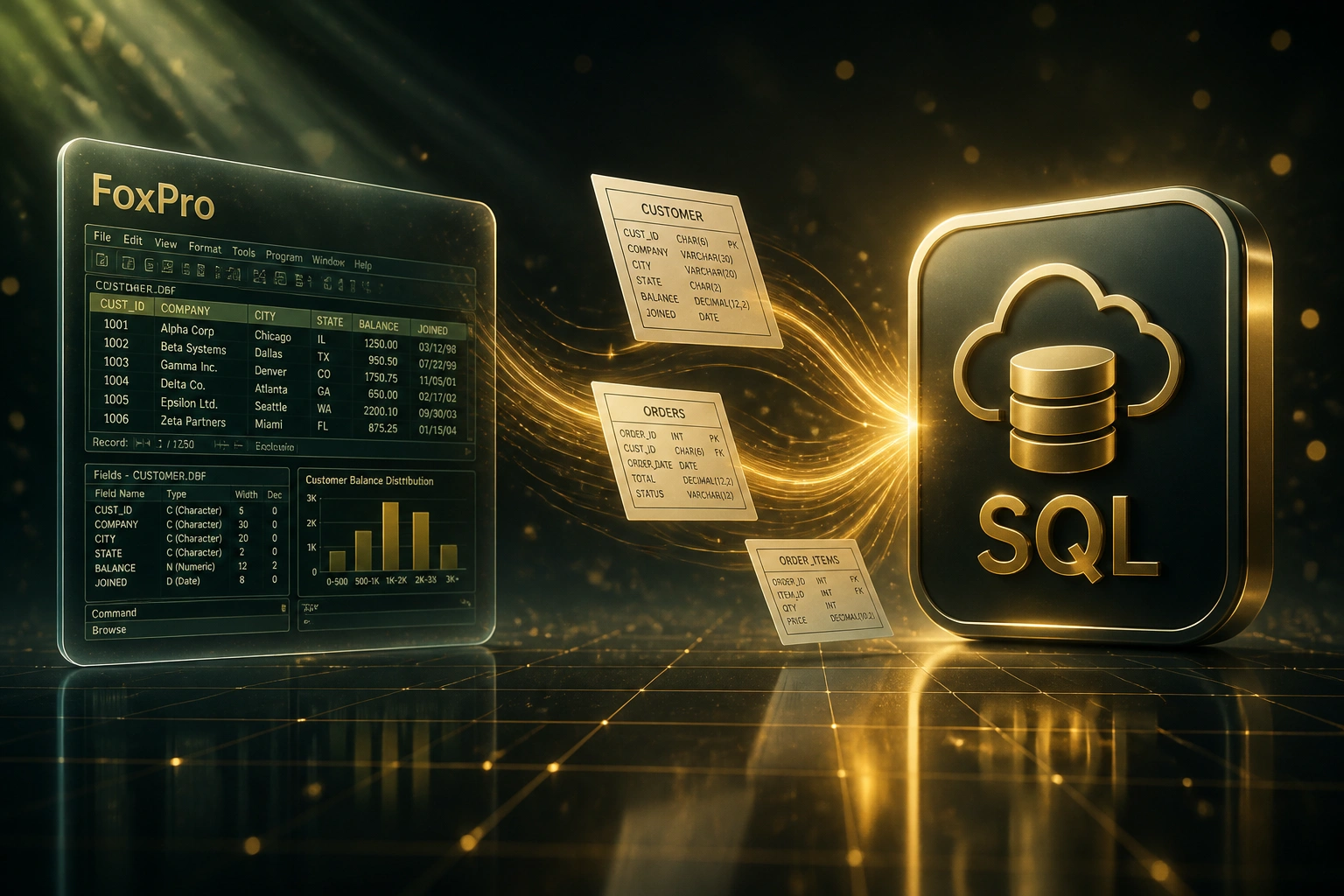 A glass FoxPro panel showing DBF tables linked by a gold ribbon of schema cards to a glossy SQL cloud database badge on a dark forest charcoal floor