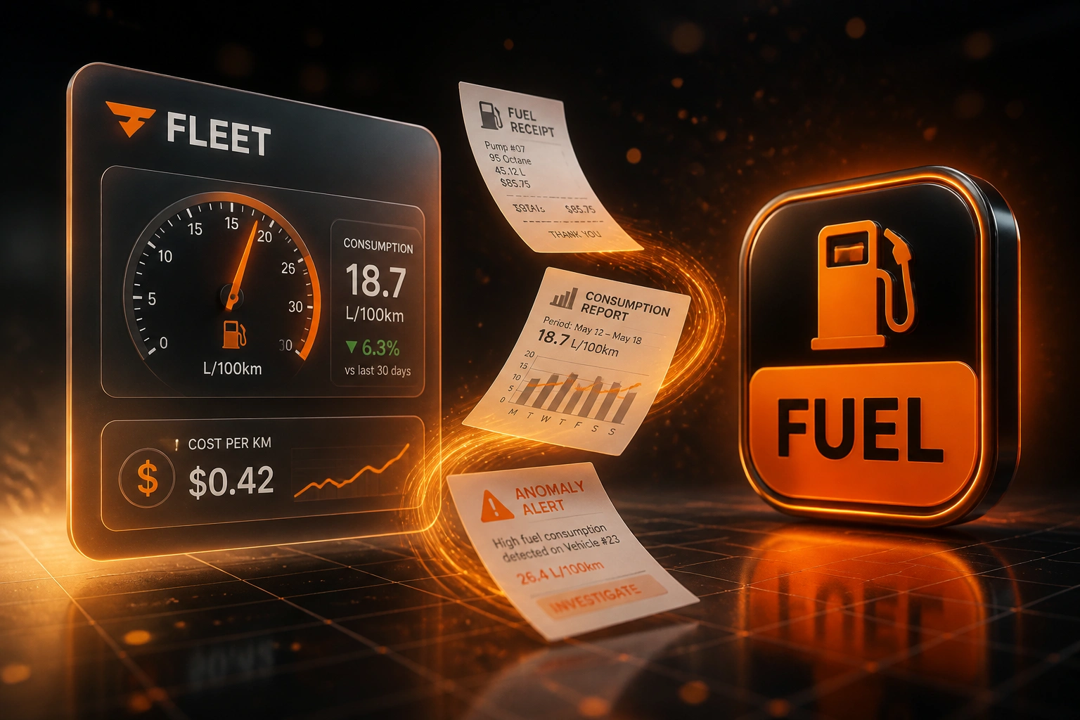A FLEET glass panel showing fuel gauge, L/100km, and cost per km connected by an orange ribbon of fuel slips and anomaly alerts to a glossy FUEL badge