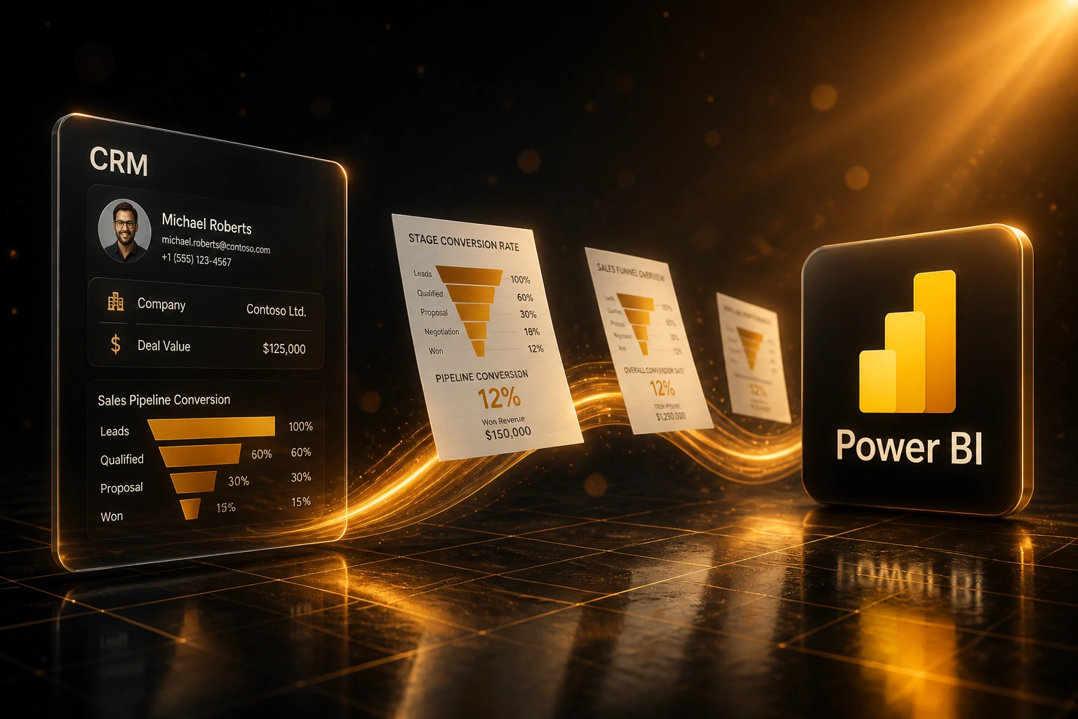 A glass CRM panel and Power BI badge linked by an amber ribbon of stage conversion documents, illustrating funnel conversion analytics and pipeline drop-off tracking