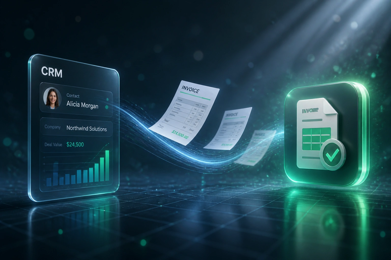 A glass CRM panel connected by an S-curved ribbon of invoice documents to an emerald accounting badge, illustrating automated invoice generation from CRM deal closures