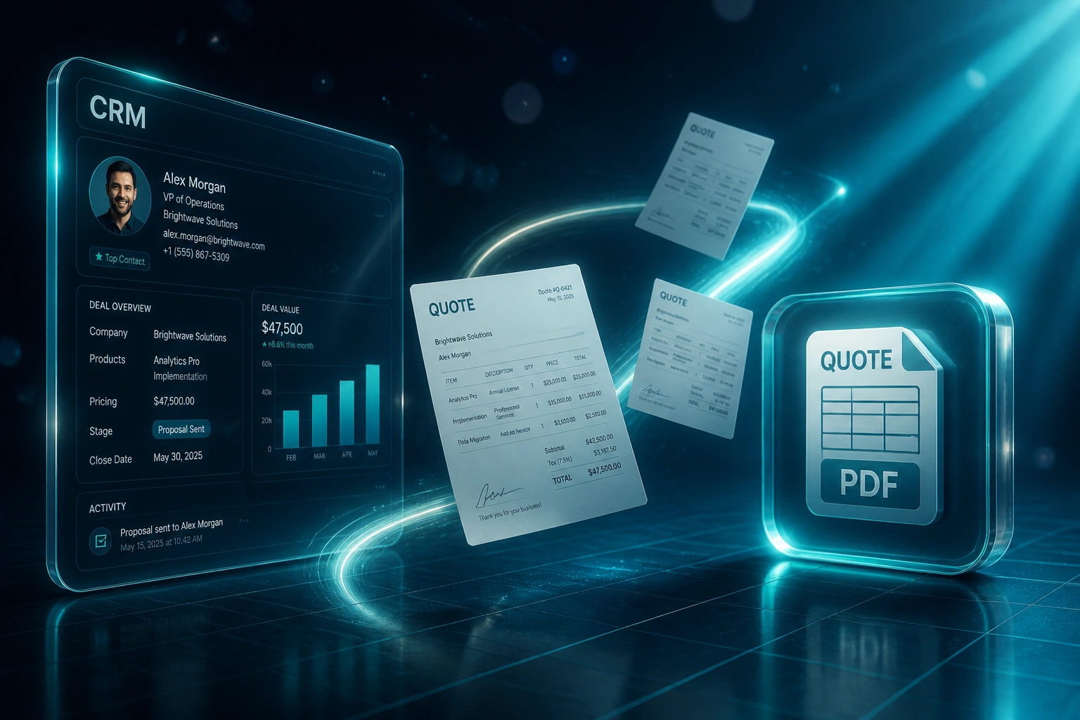 A glass CRM deal panel connected by a teal ribbon of quote documents to a glossy PDF quote badge, illustrating automated CRM quote generation