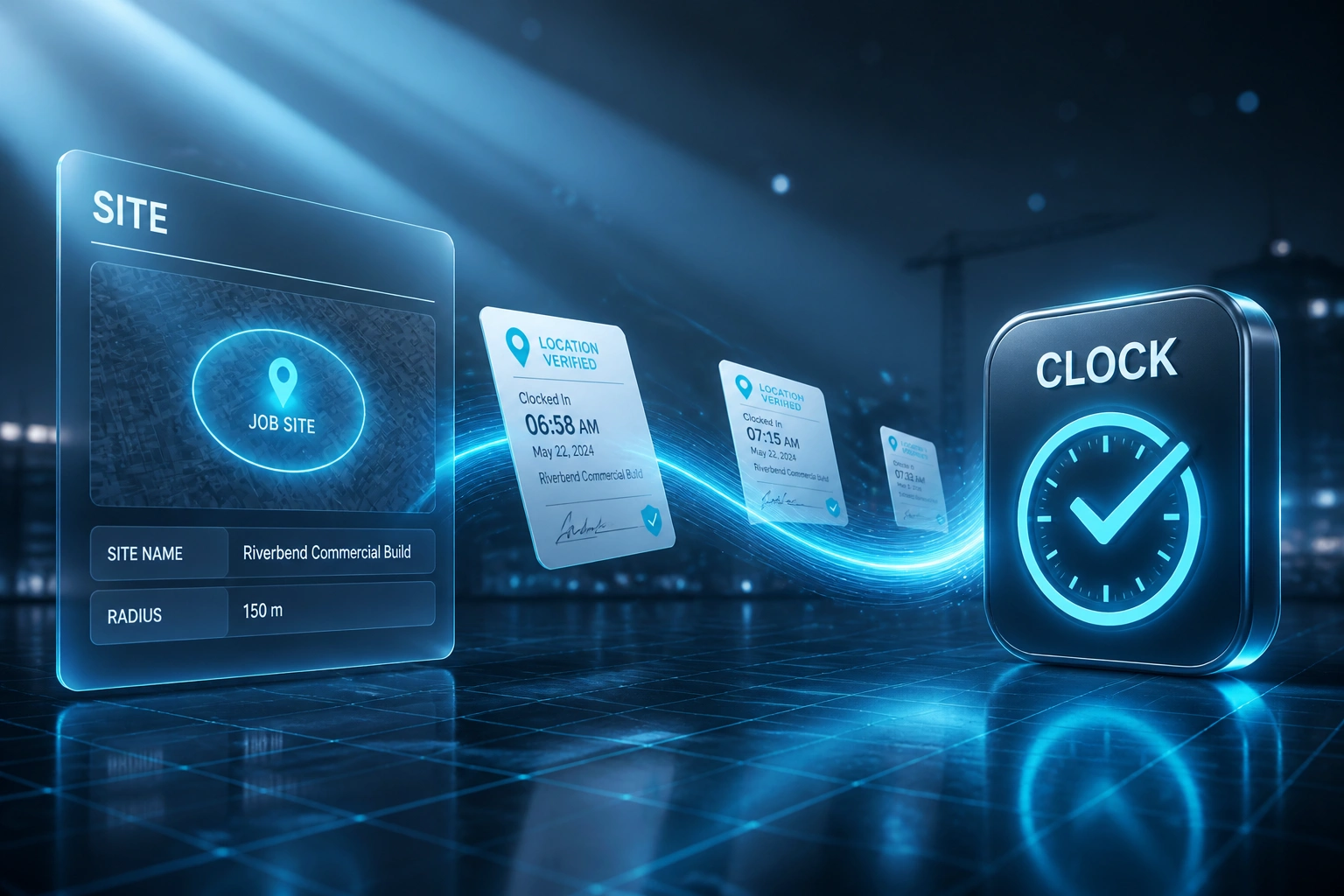 A glass SITE map panel with a cyan geofence circle connected by a light ribbon to a glossy CLOCK badge, with location-verified timesheets mid-flight