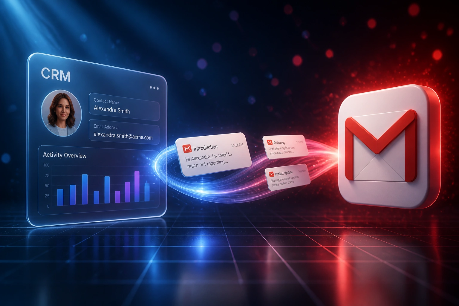 A glass CRM panel and the Gmail logo badge linked by a ribbon of email cards, illustrating automatic Gmail CRM email sync