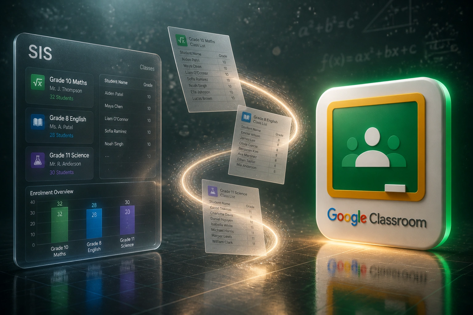 A school SIS panel and the Google Classroom logo connected by a flowing ribbon of class roster documents, illustrating automated roster sync