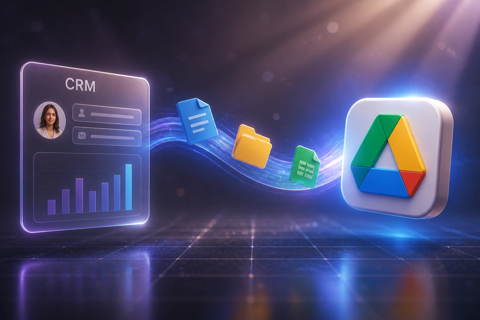 A glass CRM panel connected by an S-curved ribbon of document and folder icons to a glossy Google Drive logo badge, illustrating Drive CRM integration