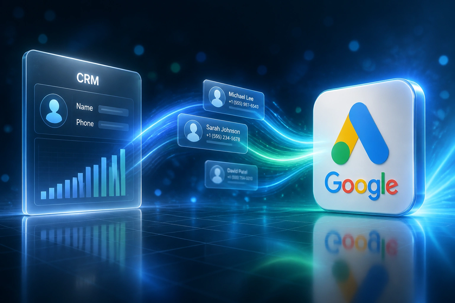 A CRM panel and the Google Ads logo connected by a flowing ribbon of lead contact cards, illustrating automated Google lead form CRM sync