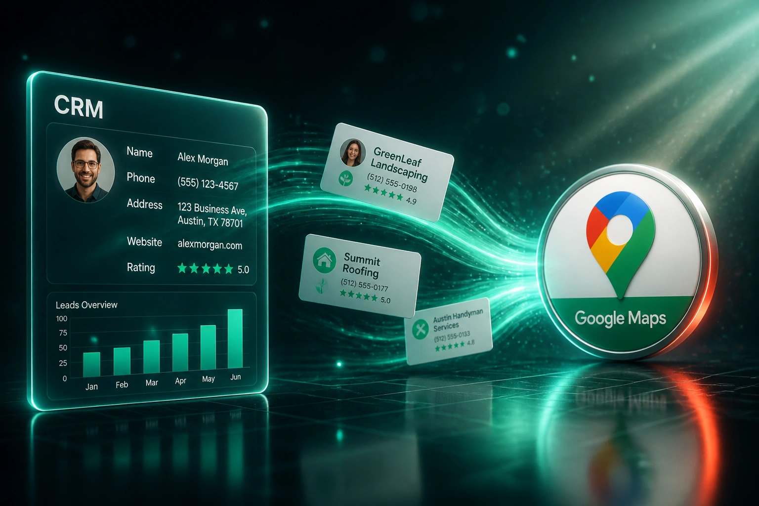 A CRM lead panel and the Google Maps pin connected by a flowing ribbon of business lead cards, illustrating automated Google Maps data extraction