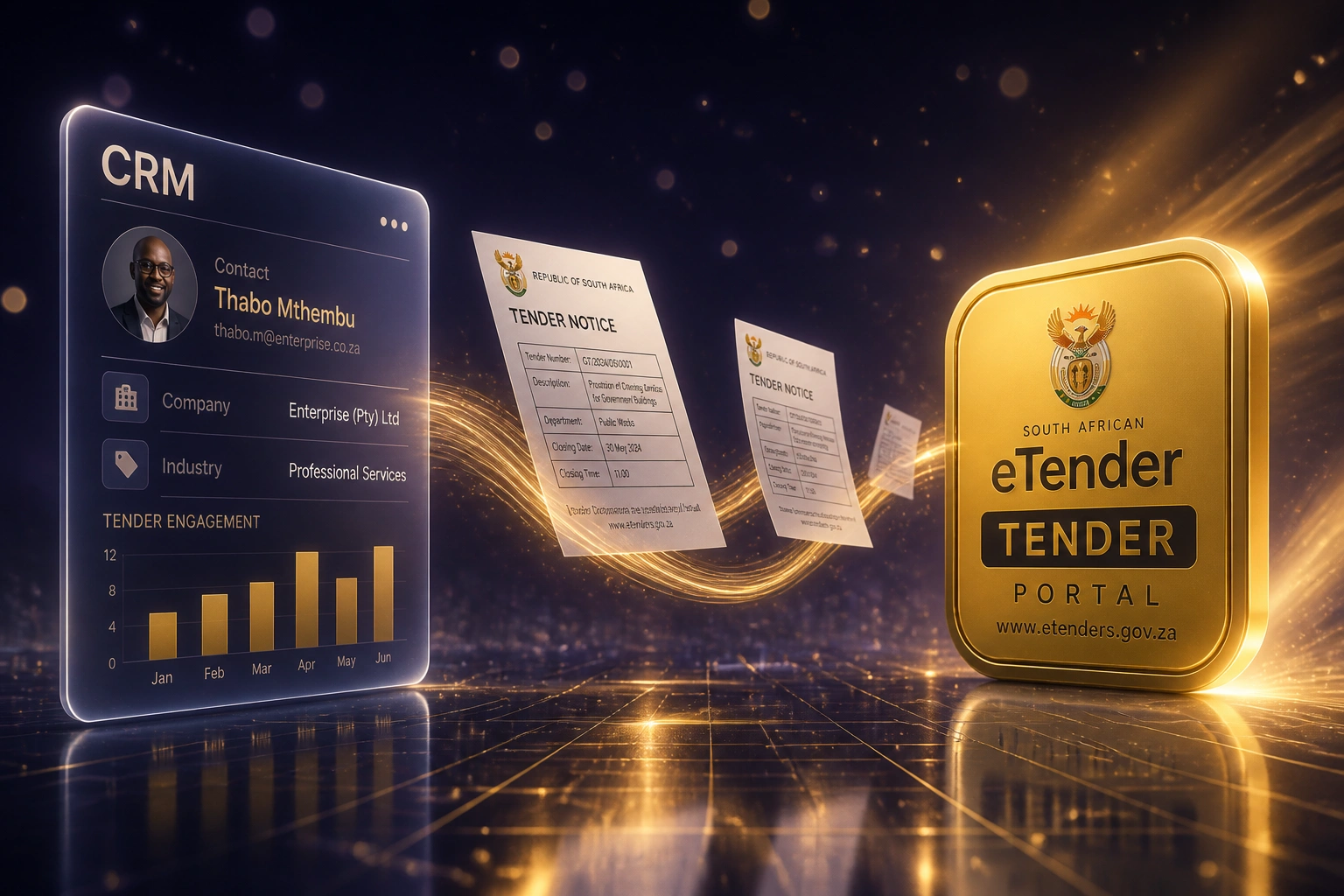 A glass CRM panel and a brass eTender badge connected by a golden ribbon of tender notice documents, illustrating automated government tender monitoring