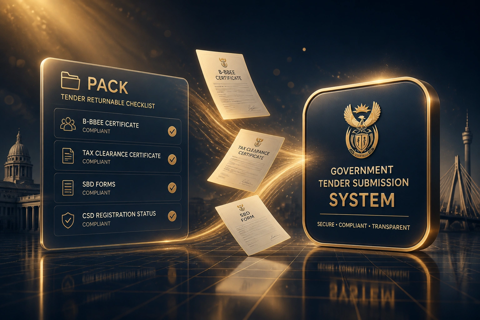 A glass PACK returnable checklist panel and a glossy gold government tender submission badge linked by a ribbon of B-BBEE, tax clearance, and SBD documents