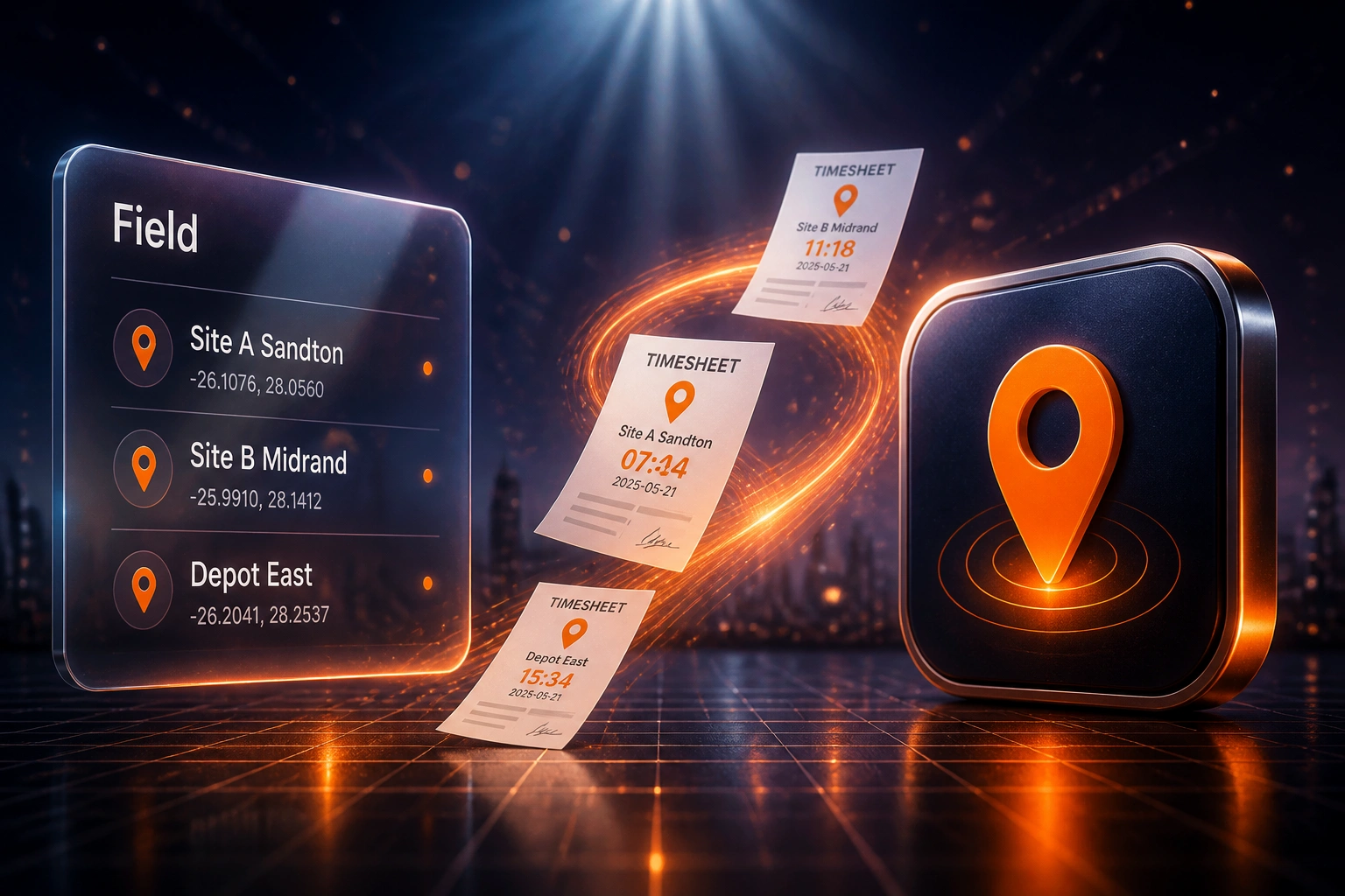 A glass Field sites panel and a glossy GPS map-pin badge connected by an orange ribbon of location-stamped timesheets