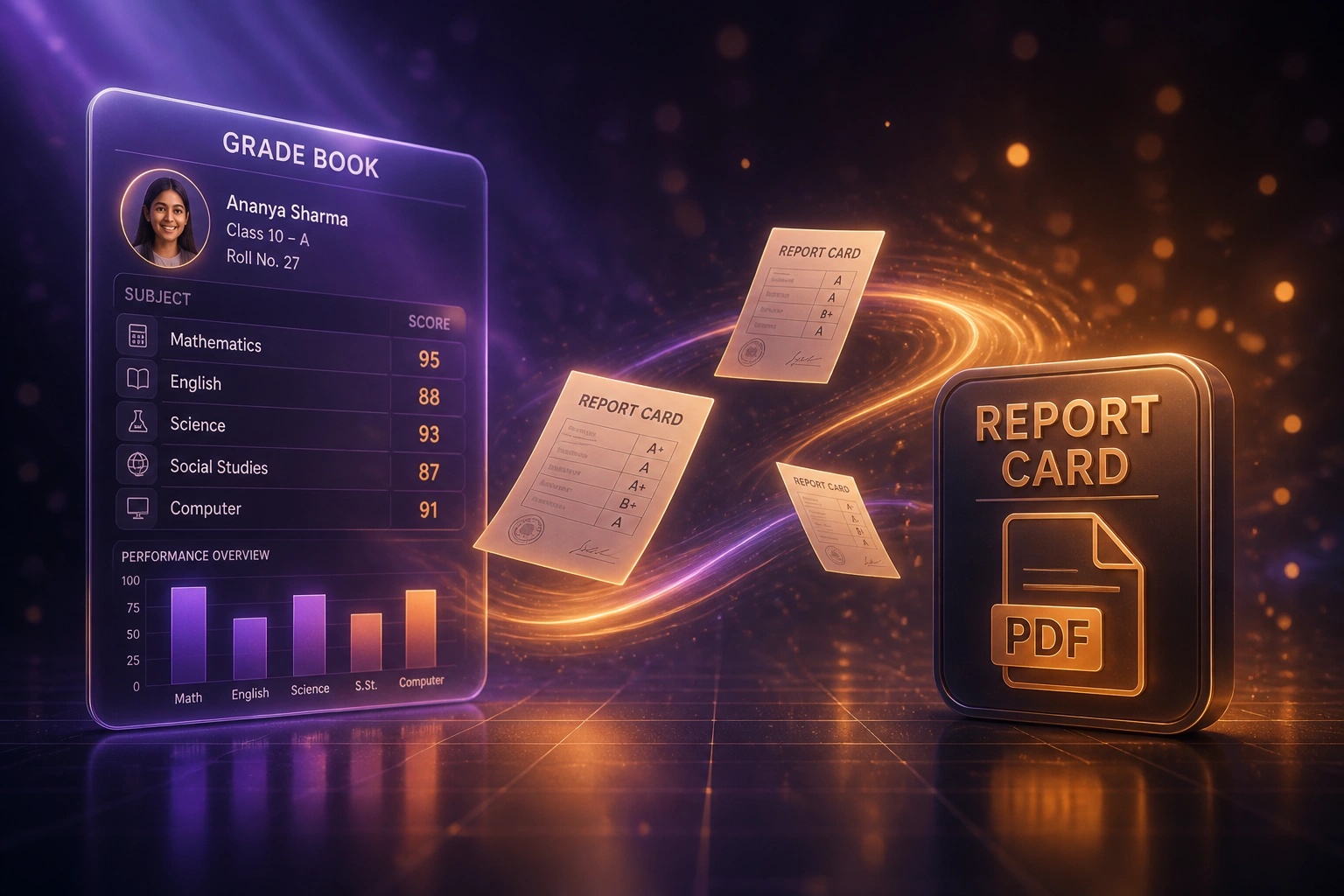 A glass grade book panel and a glossy report card PDF badge linked by floating report documents on a violet and amber light ribbon