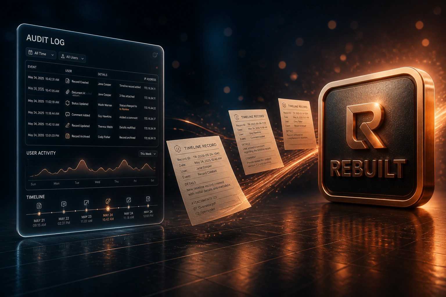 A glass AUDIT LOG panel connected by a copper ribbon of timeline records to a glossy REBUILT badge on a midnight blue scene with side-right rim light