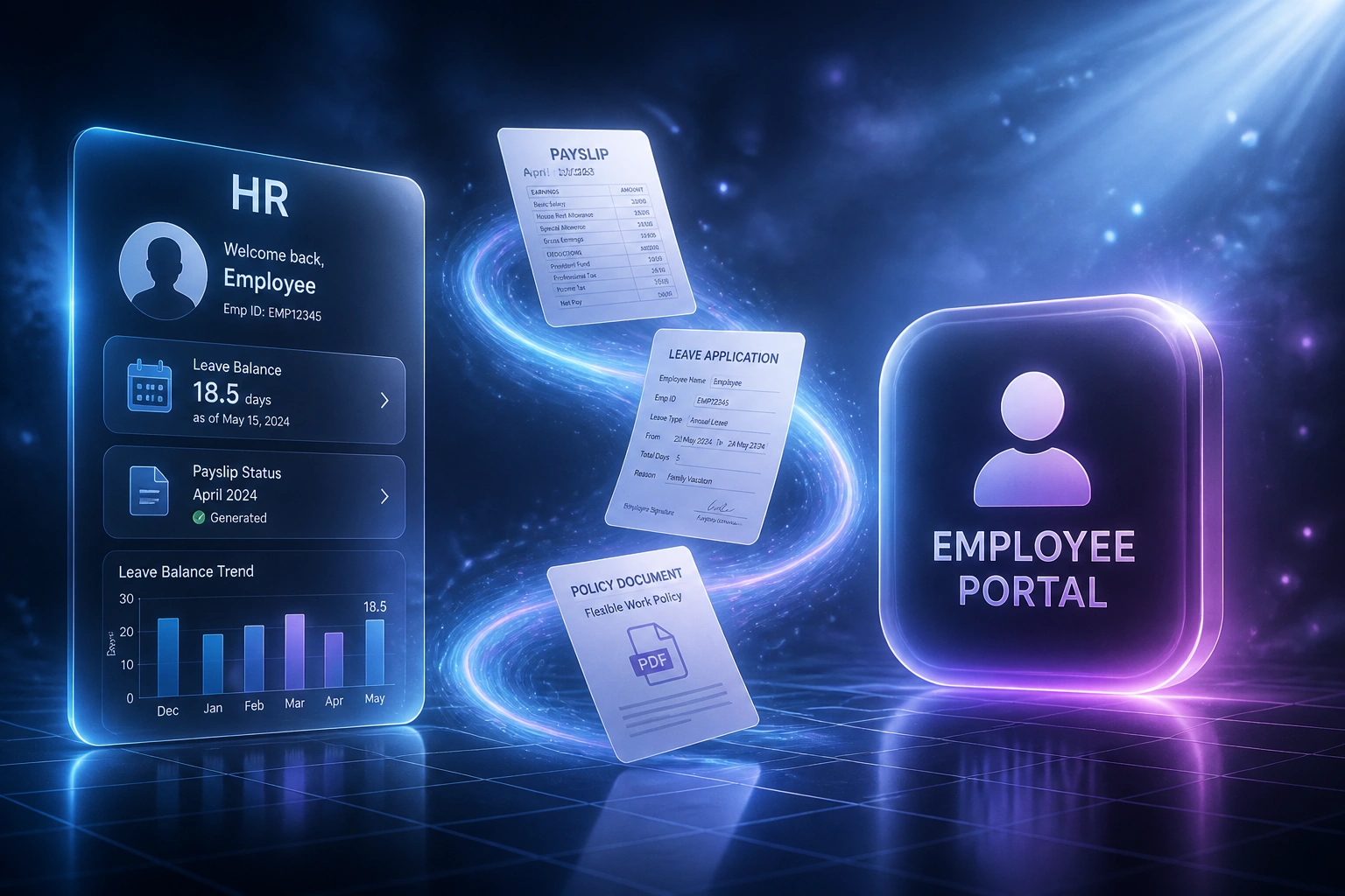 A glass HR panel and an Employee Portal badge connected by a ribbon of payslips, leave forms, and policy documents in cool arctic blue mist