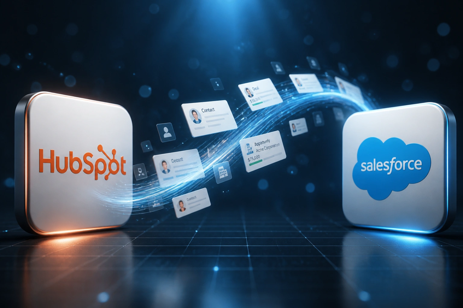 HubSpot and Salesforce logo badges connected by a ribbon of contact, deal, and account records, illustrating a HubSpot to Salesforce CRM migration