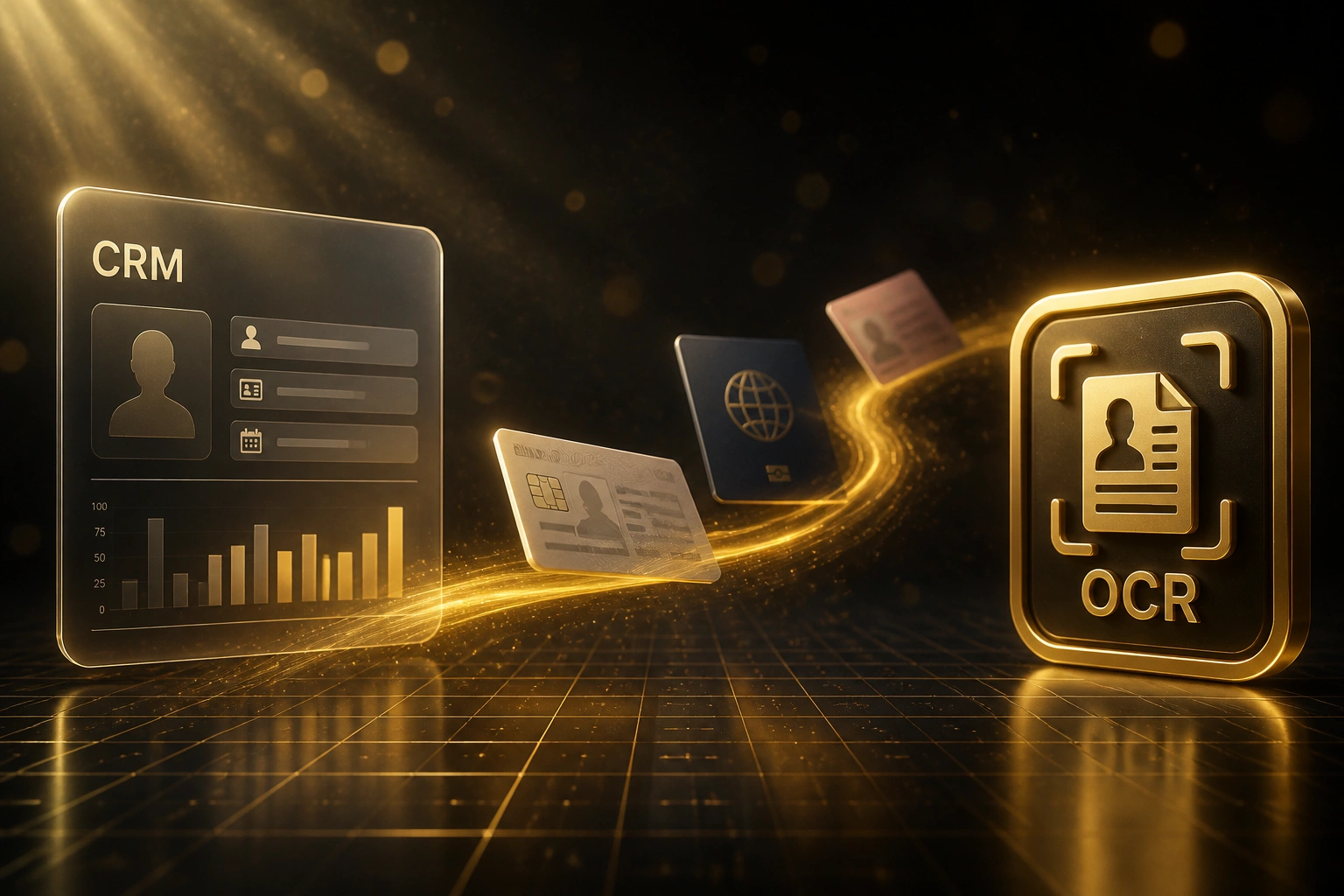 A glass CRM panel and a gold OCR document badge connected by Smart ID and passport cards on a ribbon of warm light