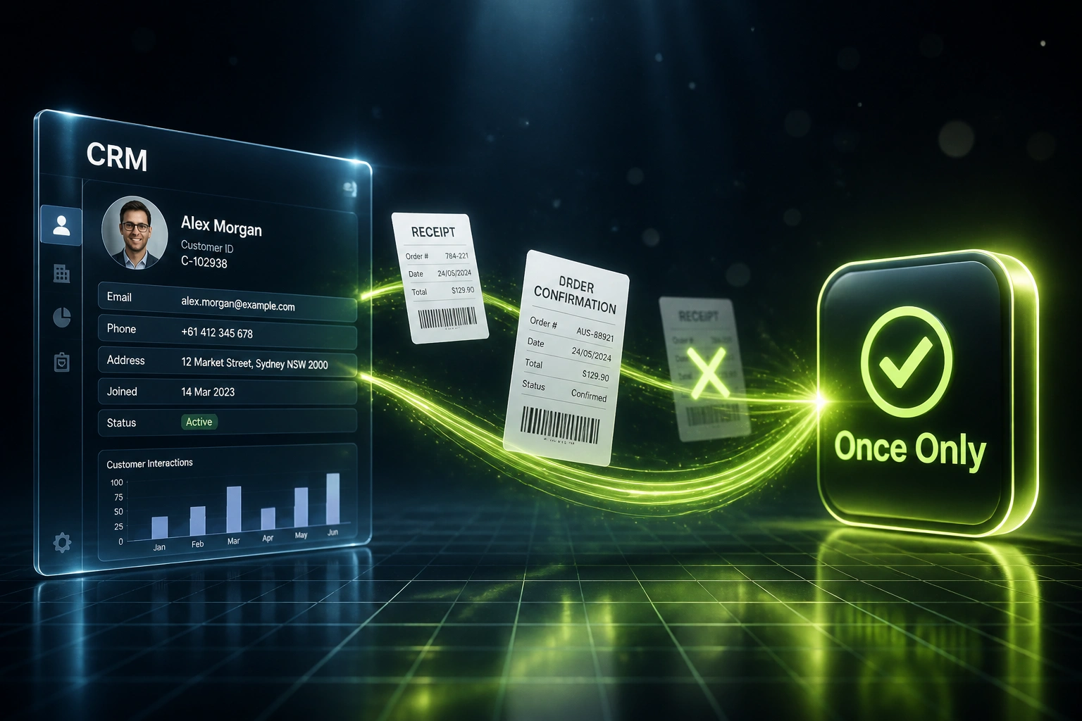 A glass CRM panel and an electric-lime Once Only badge linked by a ribbon of receipts, with one duplicate blocked, illustrating idempotent API and integration design
