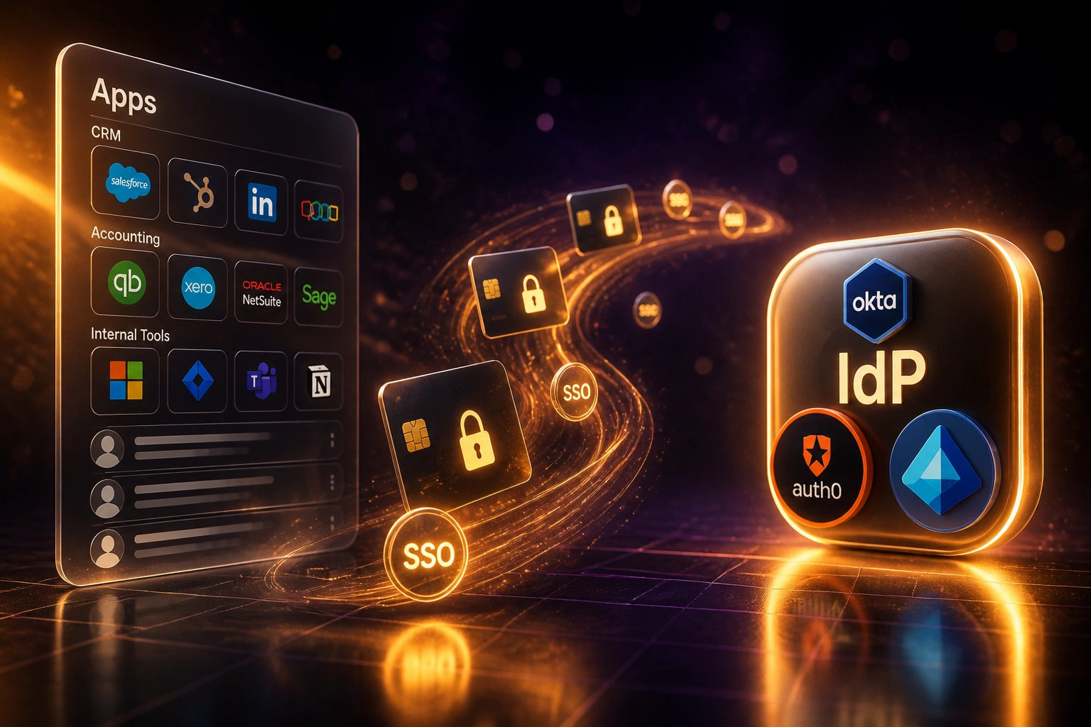 Glass Apps panel and IdP badge with Okta, Auth0, and Entra logos linked by an amber ribbon of SSO tokens and key cards