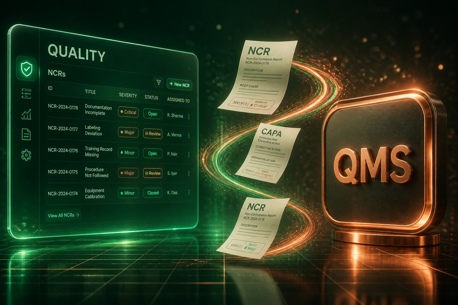 A glass QUALITY panel showing NCR rows connected by a copper-emerald ribbon of NCR and CAPA documents to a glossy QMS badge