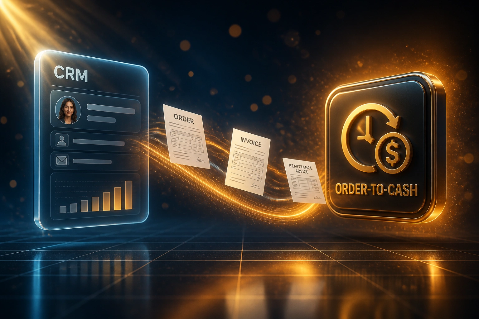 A glass CRM panel connected by an amber ribbon of order, invoice, and remittance documents to an Order-to-Cash badge, illustrating a shortened revenue cycle