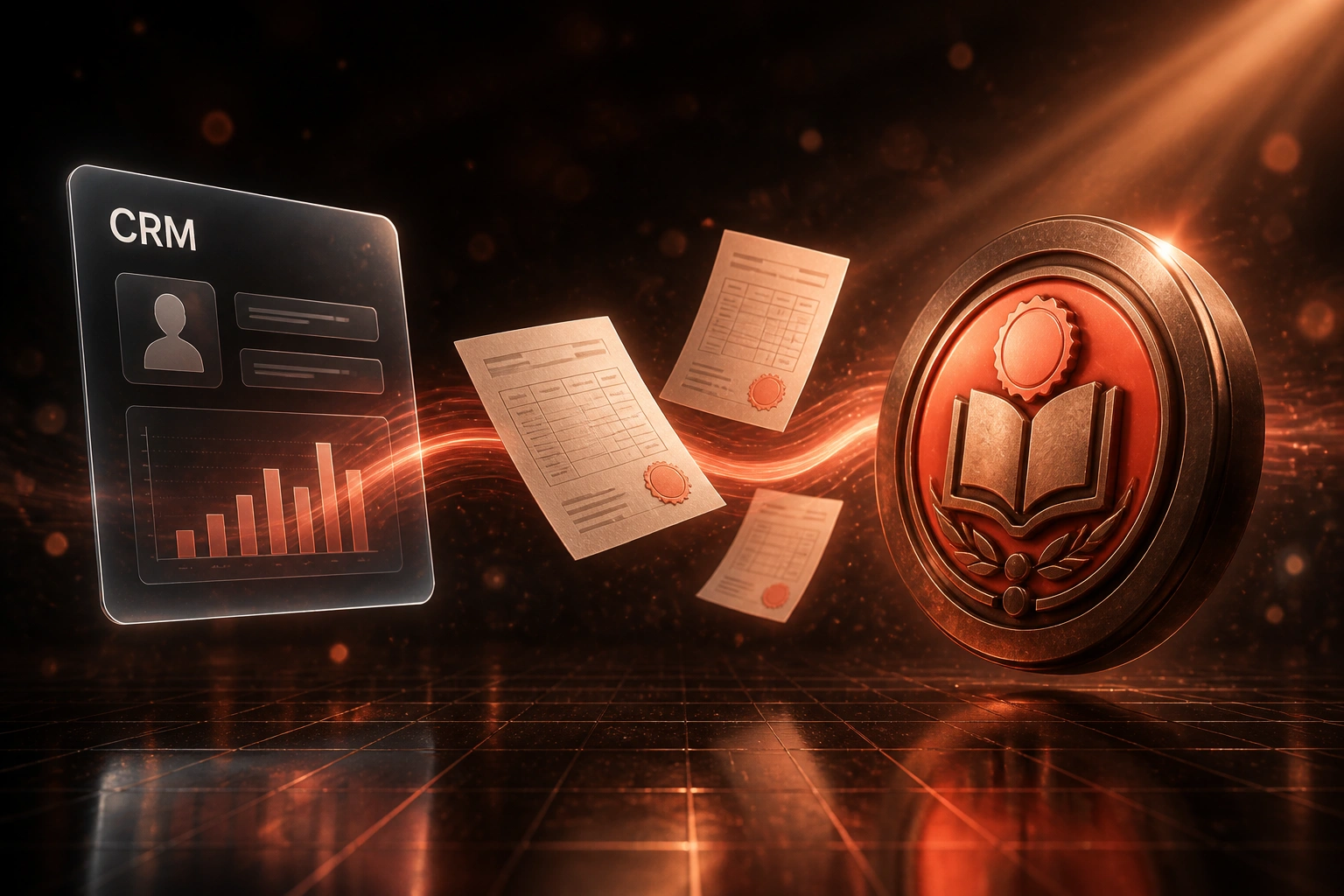 A glass CRM panel receiving licence and member-list documents from a bronze trade-register badge along a coral light ribbon