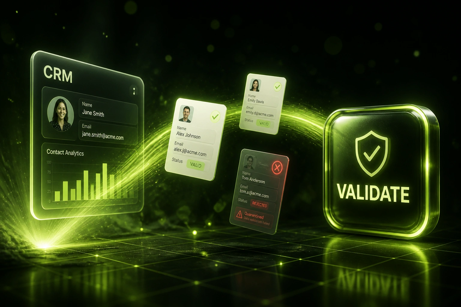 A glass CRM panel and a glossy VALIDATE badge linked by a lime ribbon of contact records, with one quarantined rejected row, illustrating an integration data validation layer