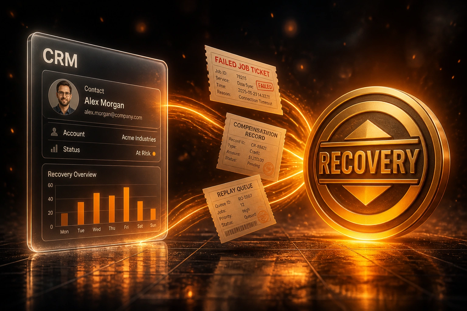 A glass CRM panel and an amber RECOVERY badge linked by a ribbon of failed job tickets, compensation records, and replay queues, illustrating integration error recovery patterns