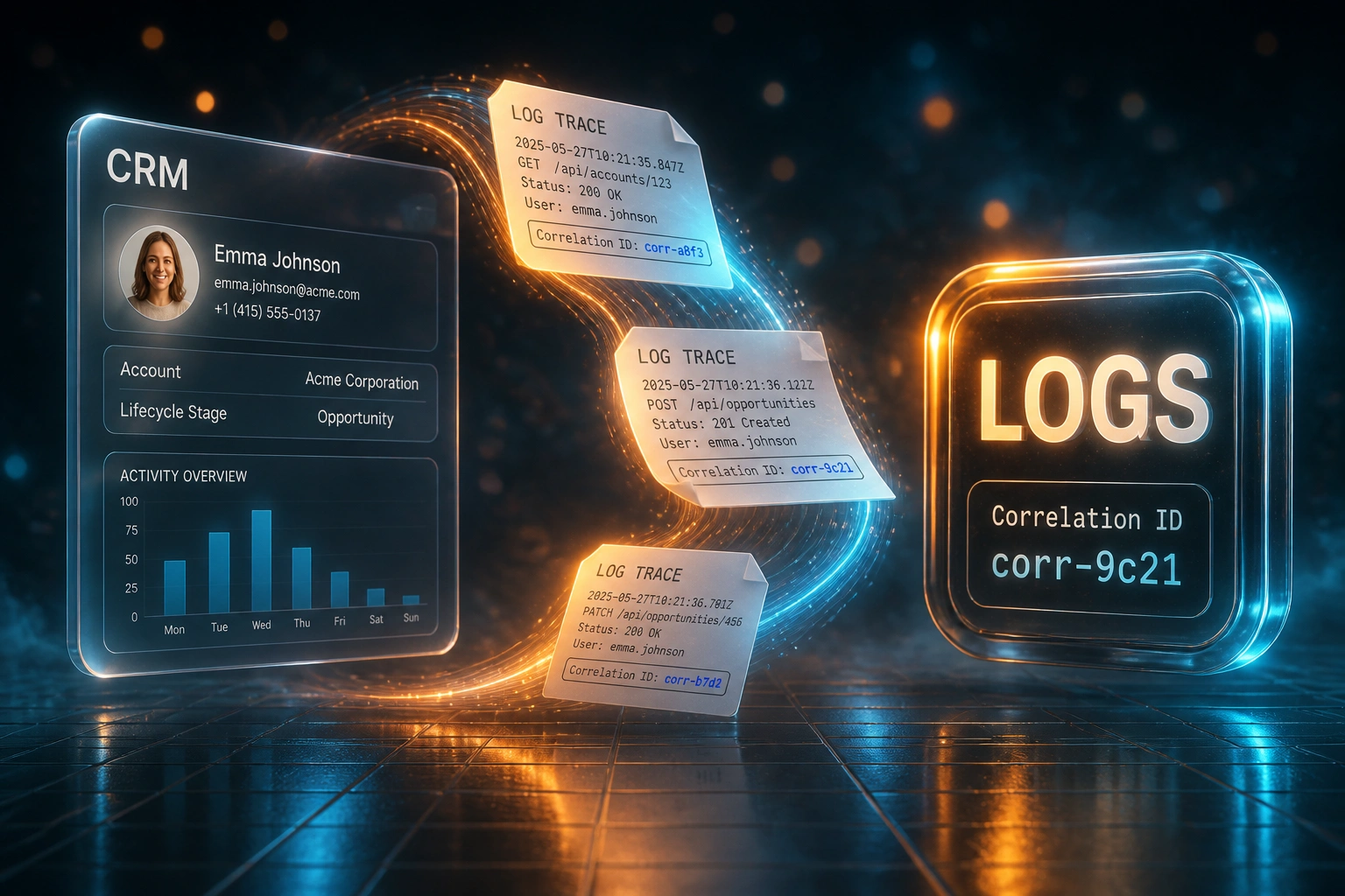 Glass CRM panel and glossy LOGS badge linked by an amber-cyan ribbon carrying floating log documents with visible correlation IDs