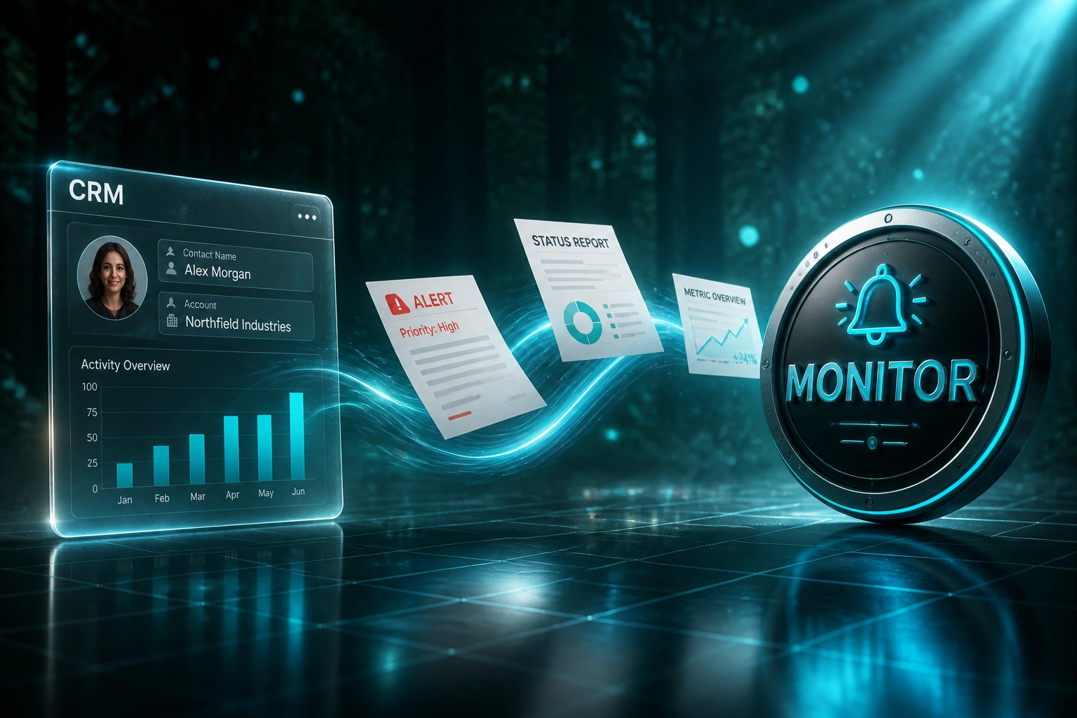 A glass CRM panel and a cyan MONITOR seal linked by a ribbon of alert tickets and metric charts, illustrating integration failure detection